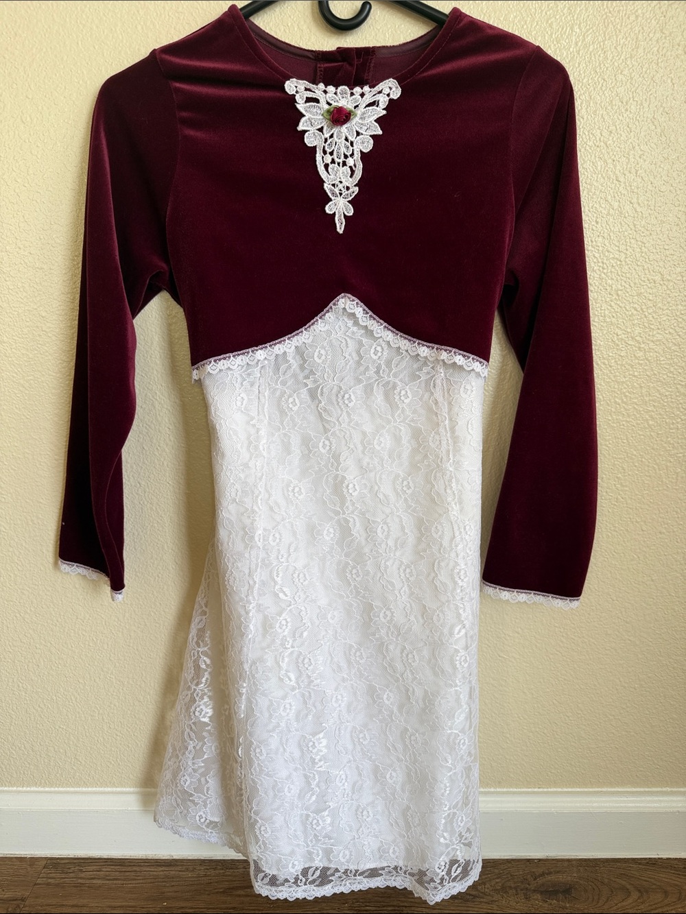 Girls Burgundy and White Lace Velvet Dress
